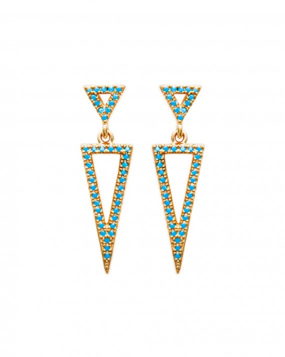 Boucles d'oreilles pendantes triangles plaqué or turquoises - Bijoux créateurs - Madame Vedette